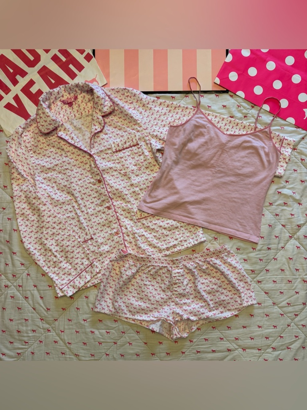 VS PINK VINTAGE Y2K PJS PAJAMA FLANNEL SET ALL OVER DOG PUP MONOGRAM LOGO RARE L